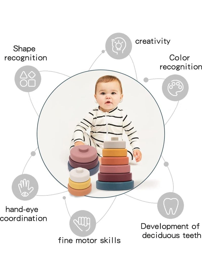 Excefore Stacking Nesting Circle Toy 6Pcs Soft Squeeze Building Blocks Sensory Toys Early Learning Color Pattern Montessori Toys Early Learning Natural Brain Development Educational Blocks Toy (Morandi) - Image 3