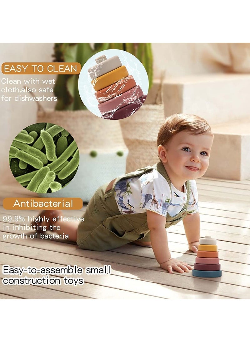 Excefore Stacking Nesting Circle Toy 6Pcs Soft Squeeze Building Blocks Sensory Toys Early Learning Color Pattern Montessori Toys Early Learning Natural Brain Development Educational Blocks Toy (Morandi) - Image 5