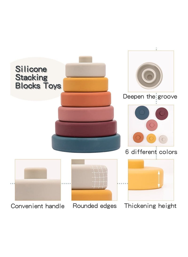 Excefore Stacking Nesting Circle Toy 6Pcs Soft Squeeze Building Blocks Sensory Toys Early Learning Color Pattern Montessori Toys Early Learning Natural Brain Development Educational Blocks Toy (Morandi) - Image 2