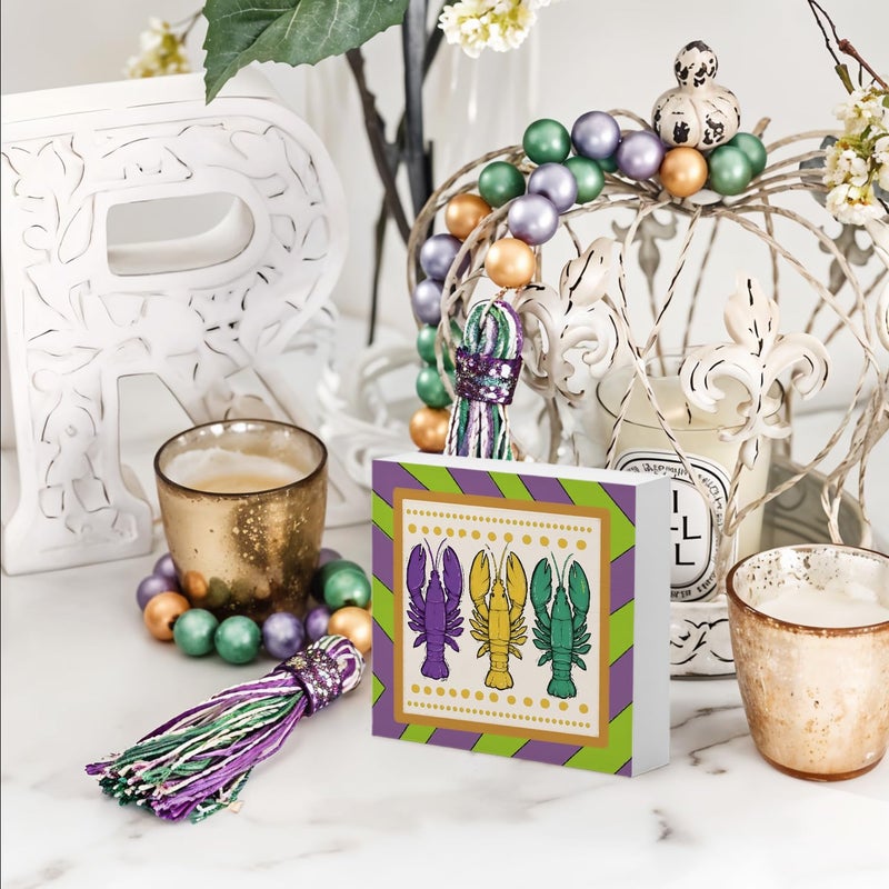 FLVGE Mardi Gras Decorations  Mardi Gras Centerpieces Table Decor Wooden Box Sign  Rustic Mardi Gras Decor for Home Party Tiered Tray Shelf Office Decor 5x5 - Image 2