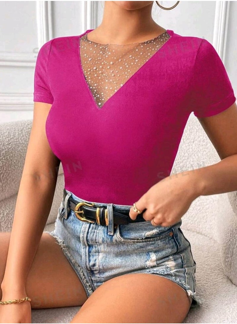 Shein - SHEIN Ladies' Sheer Mesh Patchwork Short Sleeve T-Shirt - Image 1