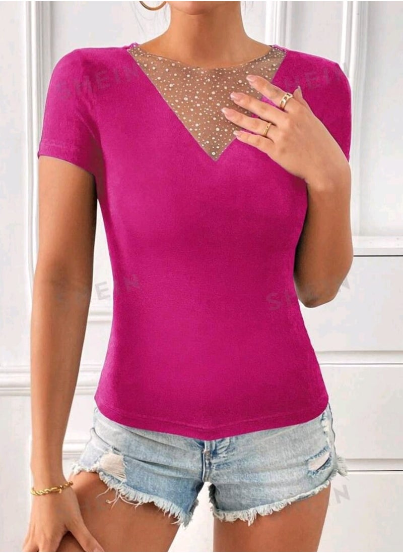 Shein - SHEIN Ladies' Sheer Mesh Patchwork Short Sleeve T-Shirt - Image 1