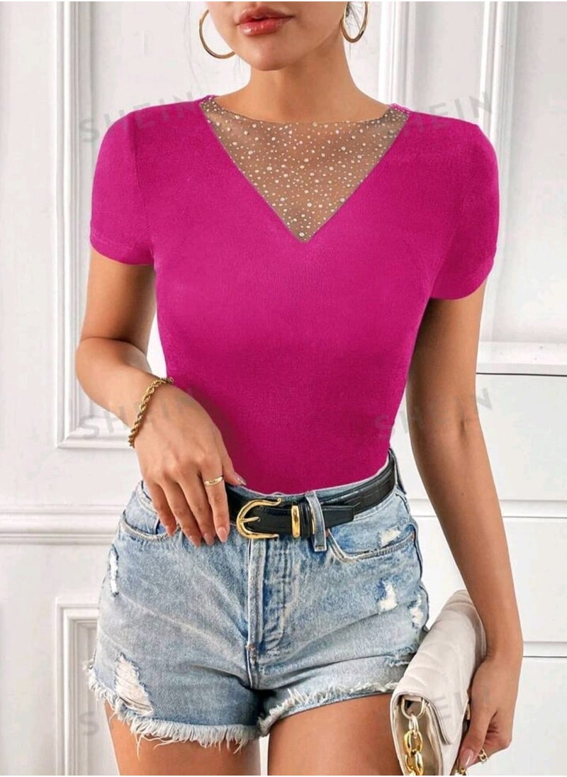 Shein - SHEIN Ladies' Sheer Mesh Patchwork Short Sleeve T-Shirt - Image 1