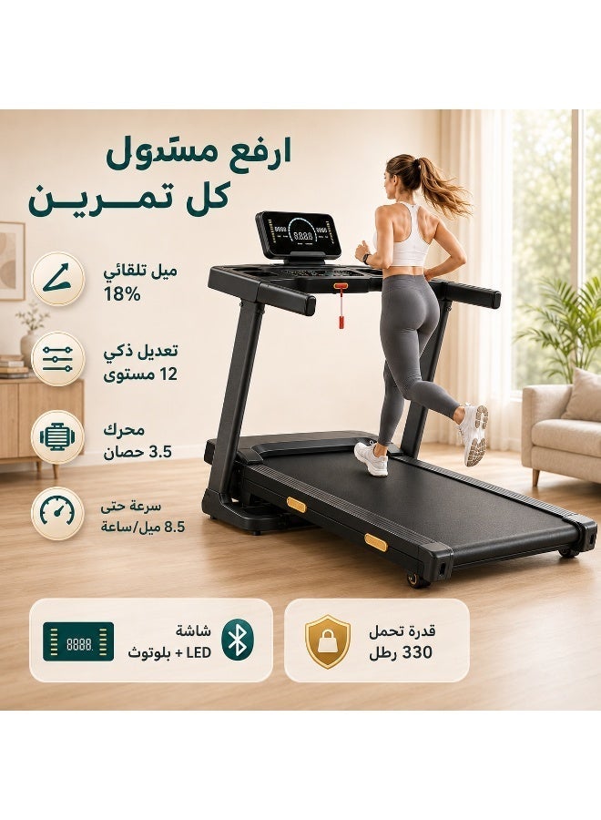سانتين رايلي مشاية كهربائية بانحدار أوتوماتيكي 18%، جهاز مشي بقوة 3.5 حصان للمنزل والمكتب، سرعة قصوى 8.5 ميل/ساعة، مع شاشة LED وتحكم عن طريق التطبيق وقياس نبضات القلب وسماعة بلوتوث، 12 مستوى انحدار، قابل للطي للمشي والجري - Image 4