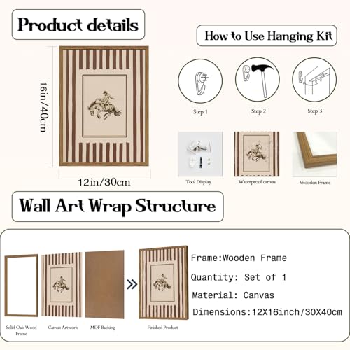 yulihaz Vintage Western Cowboy Wall Art Retro Striped Cowboy Rodeo Wall Decor Paintings, Southwestern Country Horse Poster Canvas Prints for Bedroom Farmhouse Living Room 12x16 inch Framed - Image 3