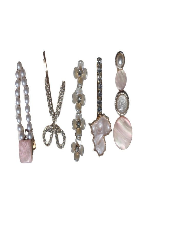 La Belleza Light Pink Pack of 5 Crystal Pearl Rhinestone Hair Clips for Girls - Image 1