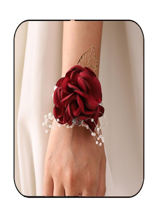 Latious Wedding Bride Rose Wrist Corsage Red Bridesmaids Silk Wrist Flower Flowergirl Hand Floral Decor Bridal Prom Party Accessories for Women and Girls (A- Red) - Image 1