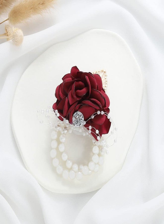 Latious Wedding Bride Rose Wrist Corsage Red Bridesmaids Silk Wrist Flower Flowergirl Hand Floral Decor Bridal Prom Party Accessories for Women and Girls (A- Red) - Image 2