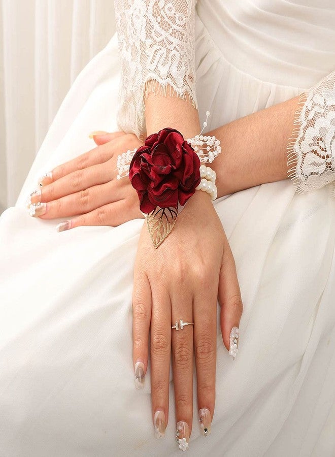 Latious Wedding Bride Rose Wrist Corsage Red Bridesmaids Silk Wrist Flower Flowergirl Hand Floral Decor Bridal Prom Party Accessories for Women and Girls (A- Red) - Image 3