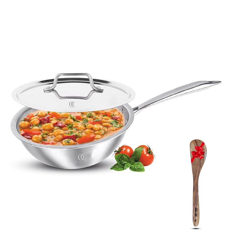 Omichef مقلاة عميقة/ووك أوميشيف ثلاثية الطبقات مع غطاء فولاذي | صغيرة 20 سم، 1.9 لتر، 1.13 كجم | ووك مناسب للطبخ بالحث | جسم غير لاصق ثلاثي الطبقات، بدون طلاء كيميائي و100% خالي من السموم - Image 1