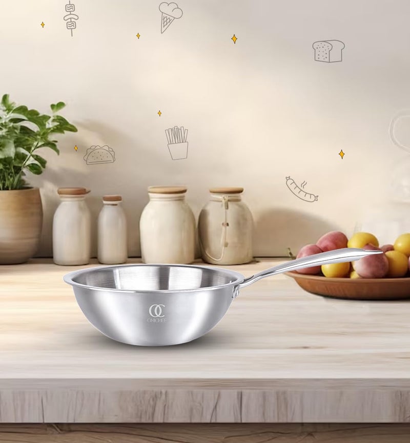 Omichef مقلاة عميقة/ووك أوميشيف ثلاثية الطبقات مع غطاء فولاذي | صغيرة 20 سم، 1.9 لتر، 1.13 كجم | ووك مناسب للطبخ بالحث | جسم غير لاصق ثلاثي الطبقات، بدون طلاء كيميائي و100% خالي من السموم - Image 5