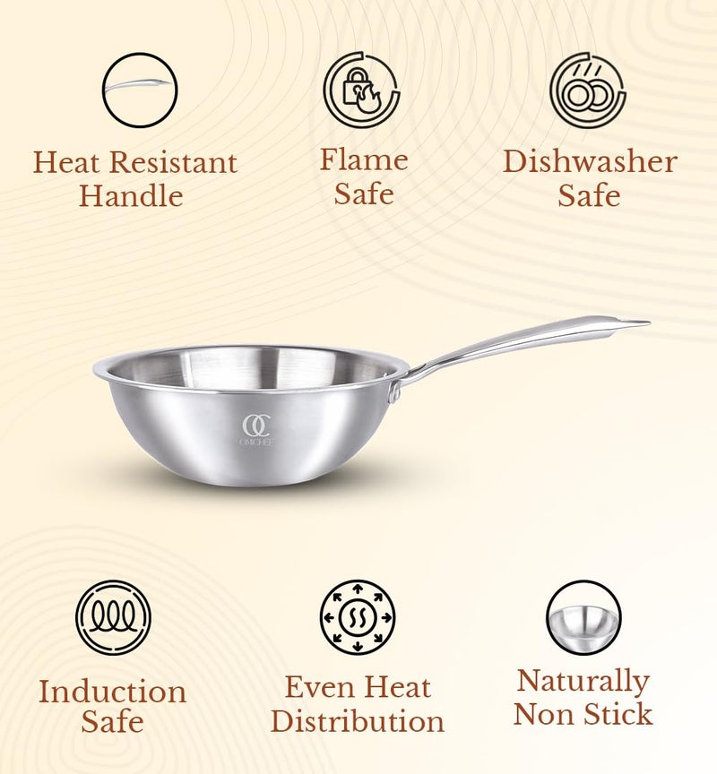Omichef مقلاة عميقة/ووك أوميشيف ثلاثية الطبقات مع غطاء فولاذي | صغيرة 20 سم، 1.9 لتر، 1.13 كجم | ووك مناسب للطبخ بالحث | جسم غير لاصق ثلاثي الطبقات، بدون طلاء كيميائي و100% خالي من السموم - Image 4