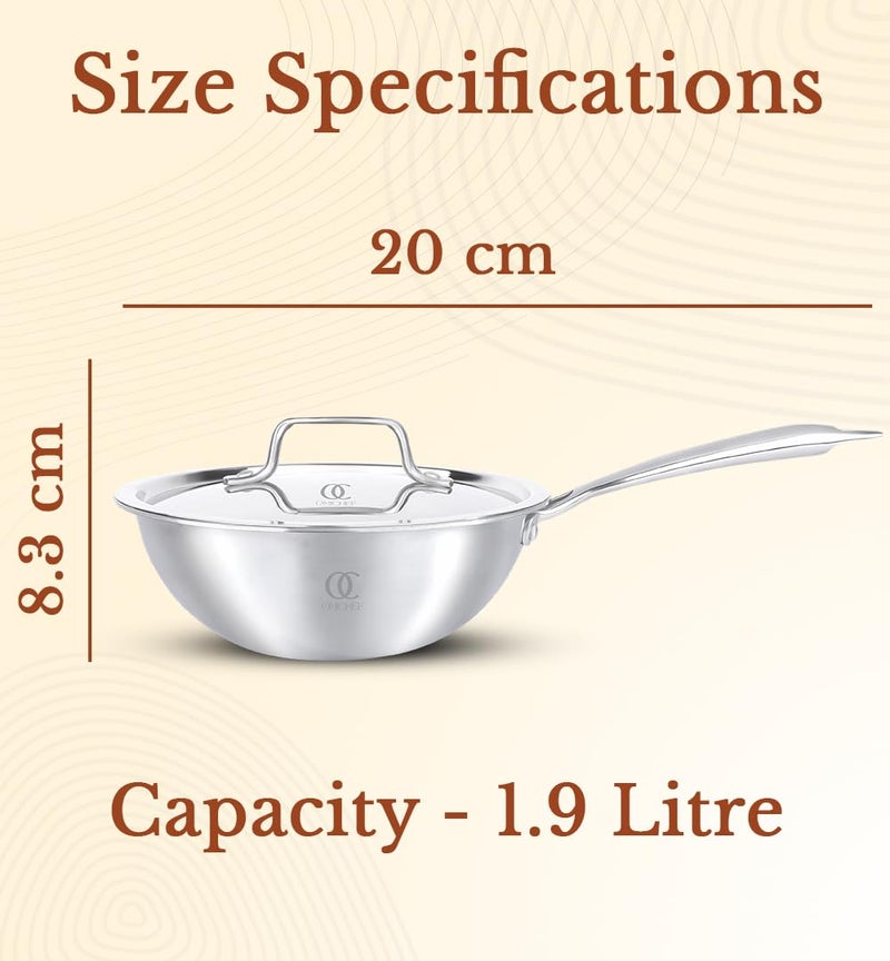 Omichef مقلاة عميقة/ووك أوميشيف ثلاثية الطبقات مع غطاء فولاذي | صغيرة 20 سم، 1.9 لتر، 1.13 كجم | ووك مناسب للطبخ بالحث | جسم غير لاصق ثلاثي الطبقات، بدون طلاء كيميائي و100% خالي من السموم - Image 3