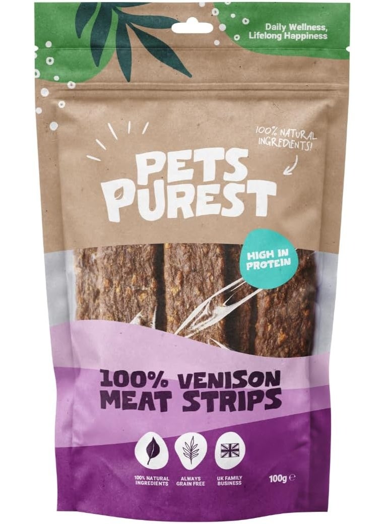 Pets Purest Venison Treats for Dogs, Air-Dried Venison Meat Strips - 100% Natural Dog Chews, Grain Free, Raw, Low Fat Dog Treats Suitable for Puppy & Senior - 100g - Image 1