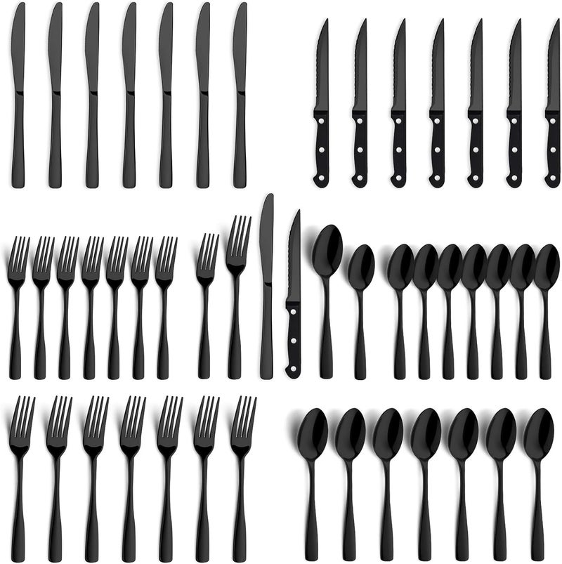 BEWOS 48-Pieces Black Silverware Set for 8 - Stainless Steel Flatware Set with Mirror Polish, Black Silverware Set Including Steak Knives, Forks and Spoons, Dishwasher Safe for Restaurant - Image 1