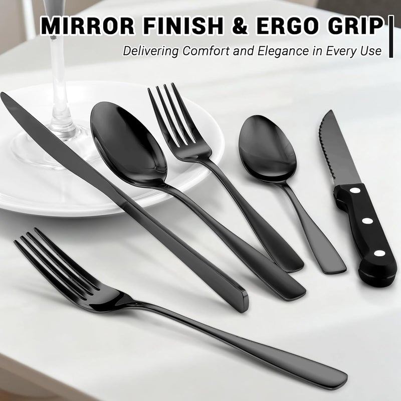 BEWOS 48-Pieces Black Silverware Set for 8 - Stainless Steel Flatware Set with Mirror Polish, Black Silverware Set Including Steak Knives, Forks and Spoons, Dishwasher Safe for Restaurant - Image 3