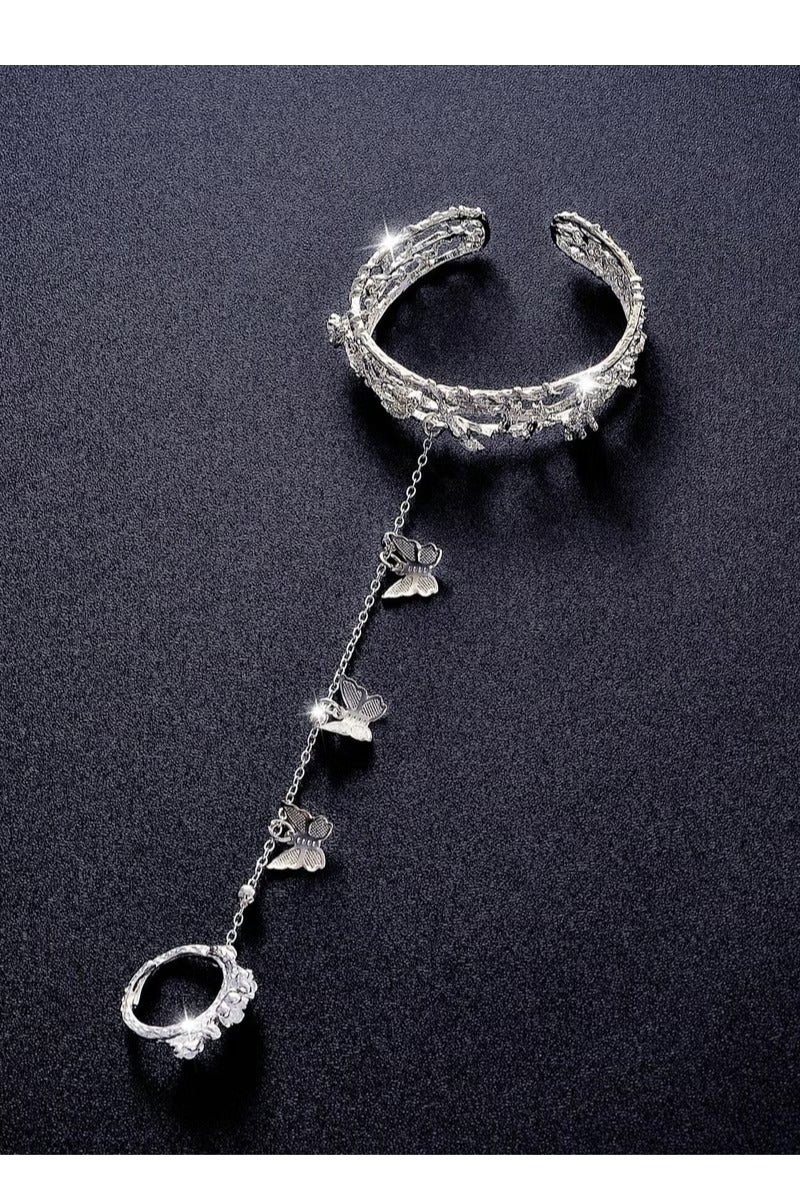 Women's accessory featuring a finger ring connected to a bracelet with a silver chain, adorned with cute butterfly charms. Perfect for weddings, engagement parties, Eid, and all special occasions. - Image 3