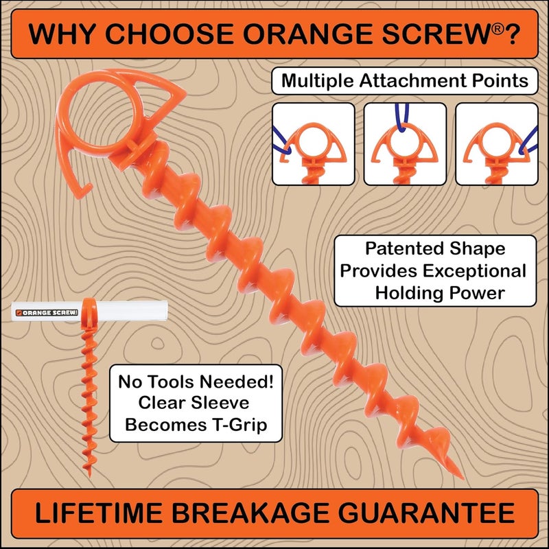 Orange Screw Ultimate Ground Anchors: Heavy Duty Screw-in Tent Stakes for High Wind, Sand, Canopies, and Camping - Made in USA, 100% Recycled, Included T-Grip Tool - (Small, 4 Pack) - Image 2