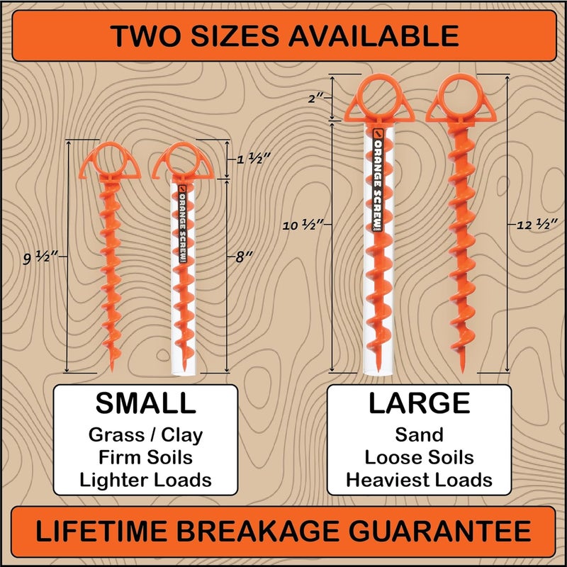 Orange Screw Ultimate Ground Anchors: Heavy Duty Screw-in Tent Stakes for High Wind, Sand, Canopies, and Camping - Made in USA, 100% Recycled, Included T-Grip Tool - (Small, 4 Pack) - Image 4