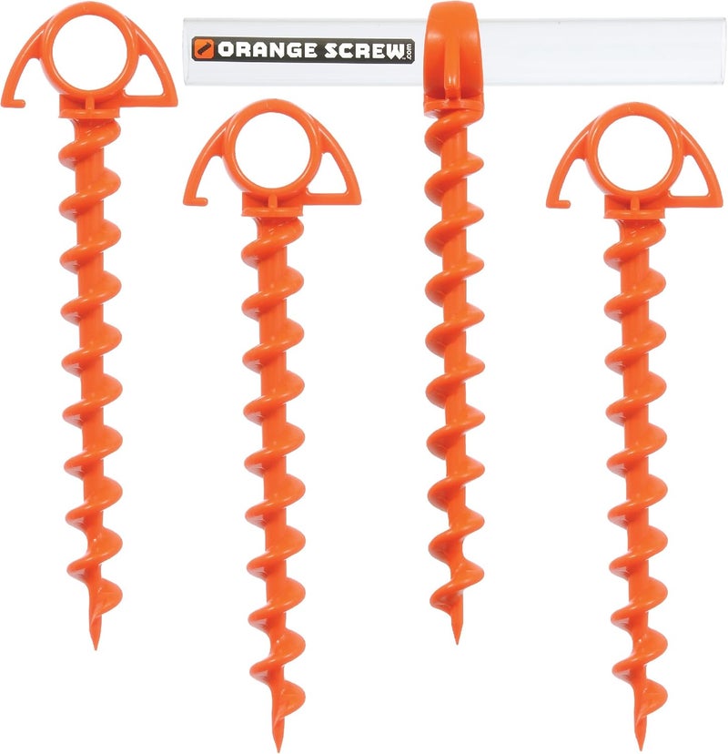 Orange Screw Ultimate Ground Anchors: Heavy Duty Screw-in Tent Stakes for High Wind, Sand, Canopies, and Camping - Made in USA, 100% Recycled, Included T-Grip Tool - (Small, 4 Pack) - Image 1