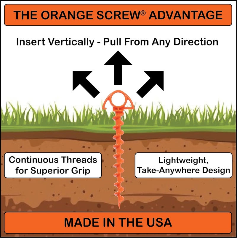 Orange Screw Ultimate Ground Anchors: Heavy Duty Screw-in Tent Stakes for High Wind, Sand, Canopies, and Camping - Made in USA, 100% Recycled, Included T-Grip Tool - (Small, 4 Pack) - Image 3