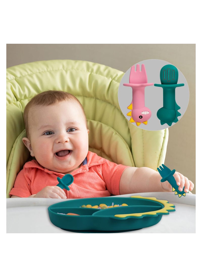 SYOSI - Silicone Toddler Plates Baby Feeding Set Silicone Suction Plates for Baby with Spoon and Fork Set Kids Divided Grip Dish Self Feeding Training Baby Dinner Plate Microwave Dishwasher Safe - Image 1