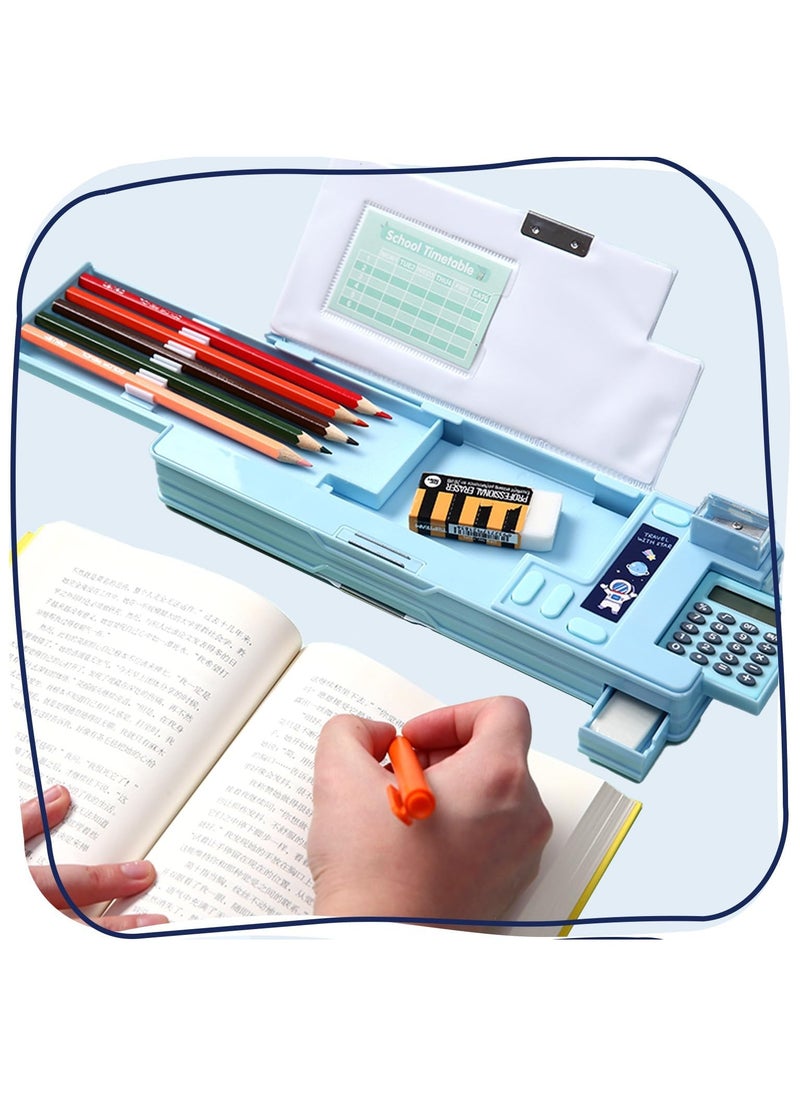 Generic Multifunction Pencil Case with Calculator, Pencil Sharpener and Curriculum, Multiple Cute Patterns, Suitable for Elementary School Girls, Boys, Great Gifts for Kids (Light Blue)  - Image 4
