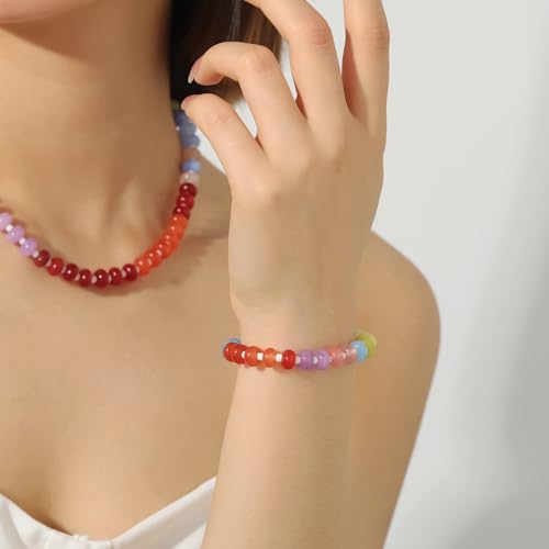 Qitian Beaded Gemstone Necklace for Women, Colorful Boho Bead Choker Necklace Natural Stone Freshwater Pearl Surfer Beach Necklace 14K Gold Plated Summer Handmade Jewelry Gifts for Wife - Image 5