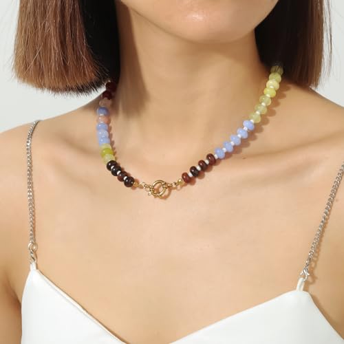 Qitian Beaded Gemstone Necklace for Women, Colorful Boho Bead Choker Necklace Natural Stone Freshwater Pearl Surfer Beach Necklace 14K Gold Plated Summer Handmade Jewelry Gifts for Wife - Image 2