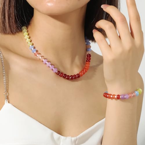 Qitian Beaded Gemstone Necklace for Women, Colorful Boho Bead Choker Necklace Natural Stone Freshwater Pearl Surfer Beach Necklace 14K Gold Plated Summer Handmade Jewelry Gifts for Wife - Image 4