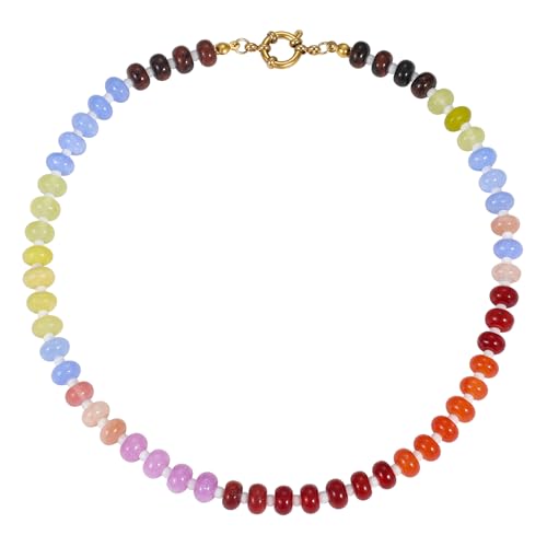 Qitian Beaded Gemstone Necklace for Women, Colorful Boho Bead Choker Necklace Natural Stone Freshwater Pearl Surfer Beach Necklace 14K Gold Plated Summer Handmade Jewelry Gifts for Wife - Image 1