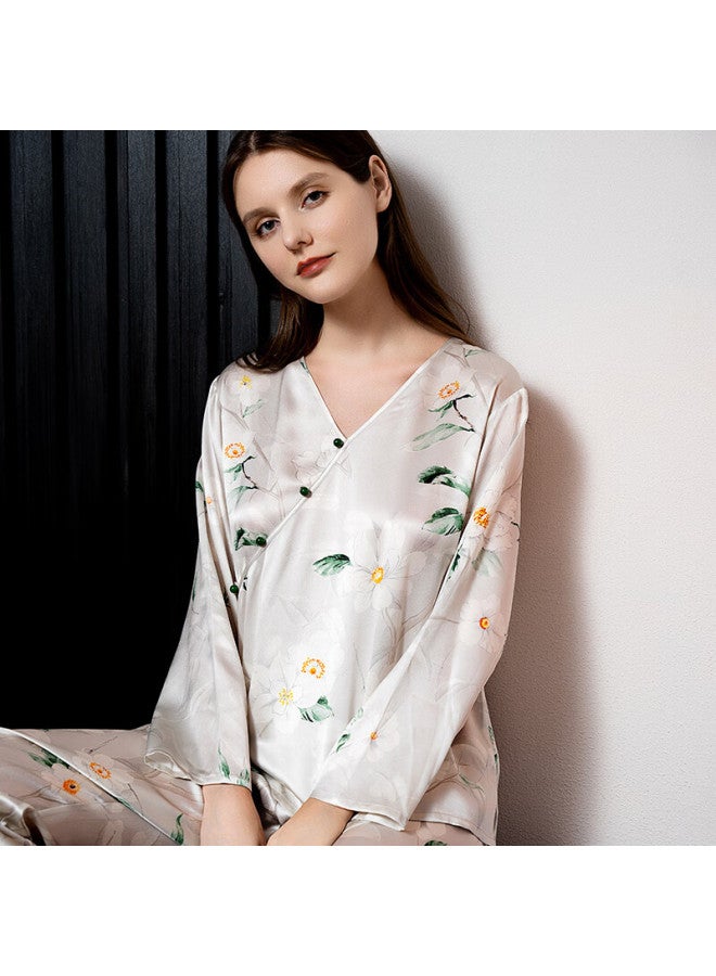 MEIBIAO American Standard 19mm Silk 6a Grade Autumn Long Sleeve Women's Pajamas Mulberry Silk New Chinese Style Homewear White XL - Image 1