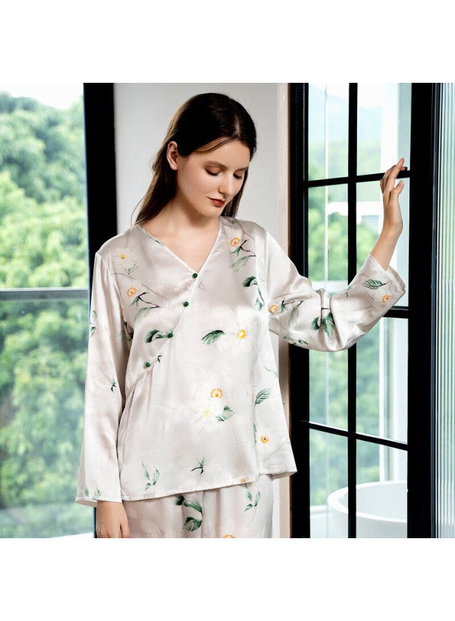 MEIBIAO American Standard 19mm Silk 6a Grade Autumn Long Sleeve Women's Pajamas Mulberry Silk New Chinese Style Homewear White XL - Image 4