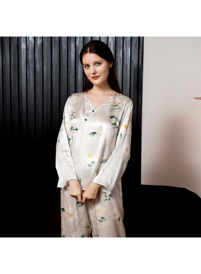 MEIBIAO American Standard 19mm Silk 6a Grade Autumn Long Sleeve Women's Pajamas Mulberry Silk New Chinese Style Homewear White XL - Image 3