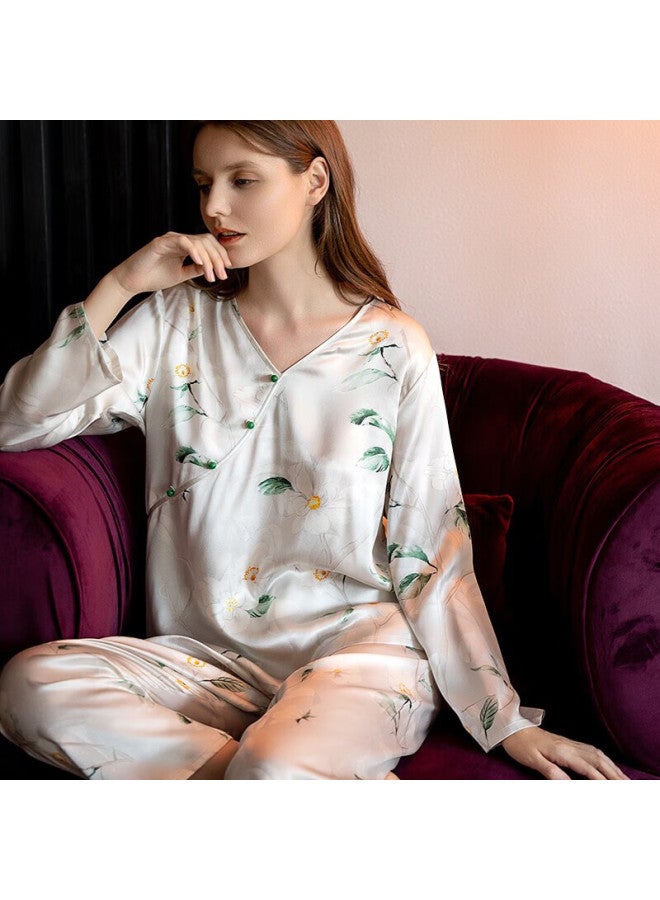 MEIBIAO American Standard 19mm Silk 6a Grade Autumn Long Sleeve Women's Pajamas Mulberry Silk New Chinese Style Homewear White XL - Image 2