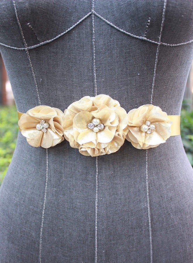 NANIA Bridesmaid and Flowergirls sashes wedding sash pearls flowers belts (Gold) 95 inches - Image 2