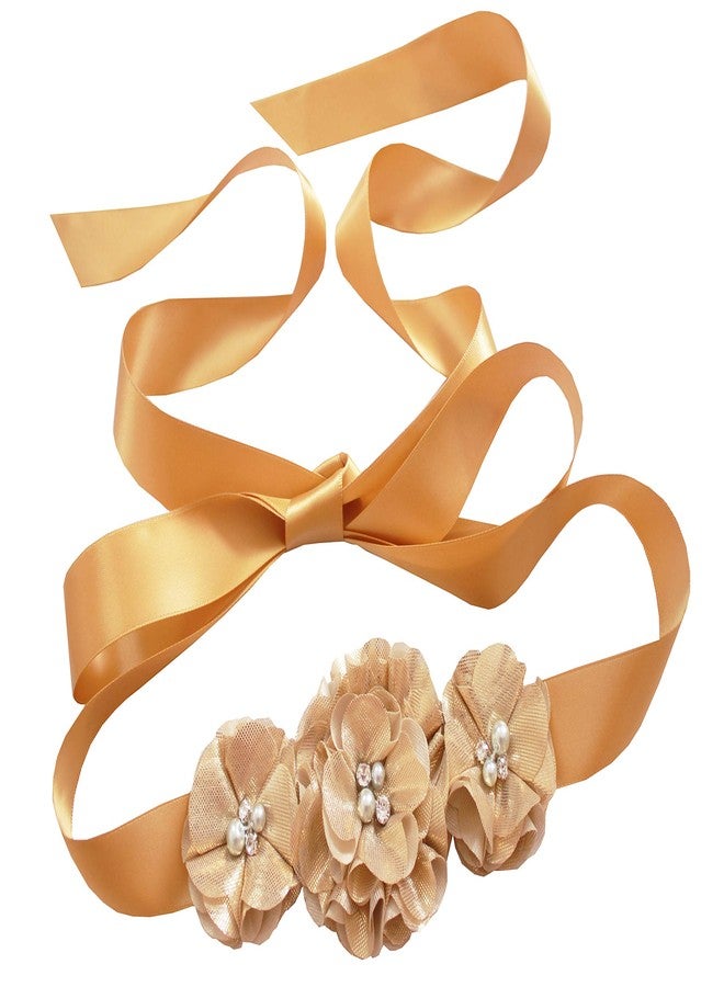 NANIA Bridesmaid and Flowergirls sashes wedding sash pearls flowers belts (Gold) 95 inches - Image 1