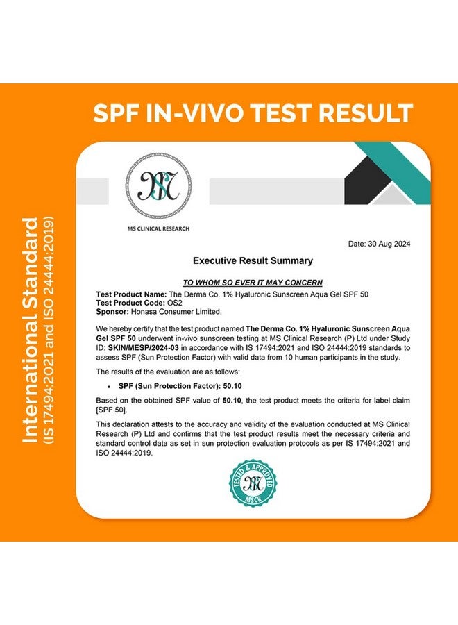 THE derma Co . 1% واقي شمس هايالورونيك SPF 50 جل مائي، PA++++، خفيف الوزن، بدون أثر أبيض لحماية واسعة النطاق وضوء أزرق للبشرة الدهنية، والجافة، والمعرضة لحب الشباب - 125 جرام - Image 5