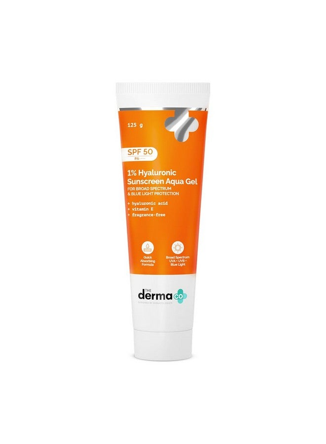 THE derma Co . 1% واقي شمس هايالورونيك SPF 50 جل مائي، PA++++، خفيف الوزن، بدون أثر أبيض لحماية واسعة النطاق وضوء أزرق للبشرة الدهنية، والجافة، والمعرضة لحب الشباب - 125 جرام - Image 1