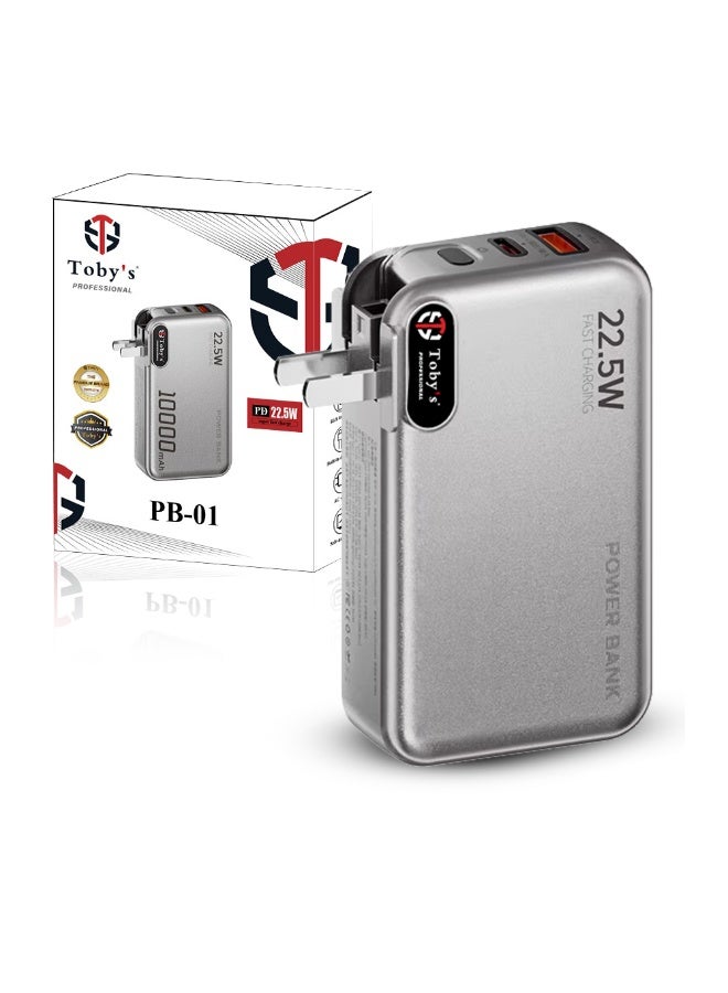 توبيز باور بنك توبيز PB-01 بسعة 10000mAh شحن سريع 22.5 واط شاحن ثلاثي مدمج مع كابل لايتنينغ وتايب سي منافذ USB-A وتايب سي محمول - Image 1