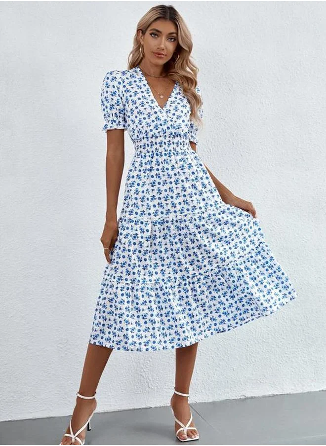 Kotty Floral Print V Neck Tiered Midi Dress