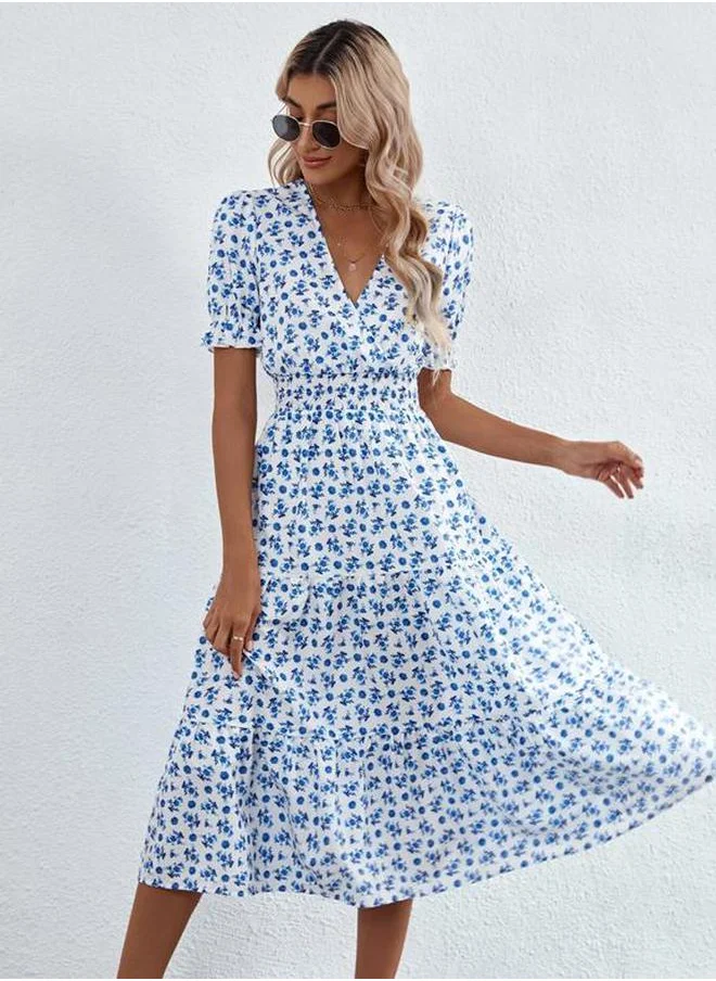 Kotty Floral Print V Neck Tiered Midi Dress