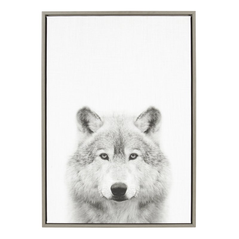 Kate and Laurel Sylvie Wolf Animal Print Black and White Portrait Framed Canvas Wall Art by Simon Te Tai 23x33 Gray