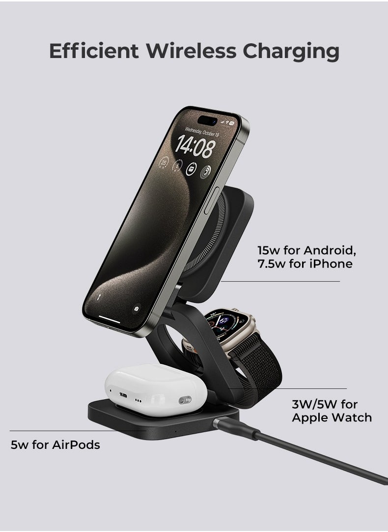Benks 3-in-1 Foldable Magnetic Wireless Charger Station, 15W All-in-One Fast Charging, for iPhone, Apple Watch, AirPods Magsafe Charger with Variable angle, Compact for Travel (White, W13)