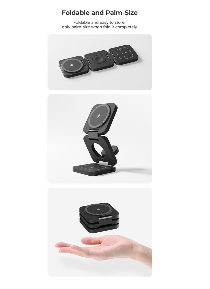 Benks 3-in-1 Foldable Magnetic Wireless Charger Station, 15W All-in-One Fast Charging, for iPhone, Apple Watch, AirPods Magsafe Charger with Variable angle, Compact for Travel (White, W13)