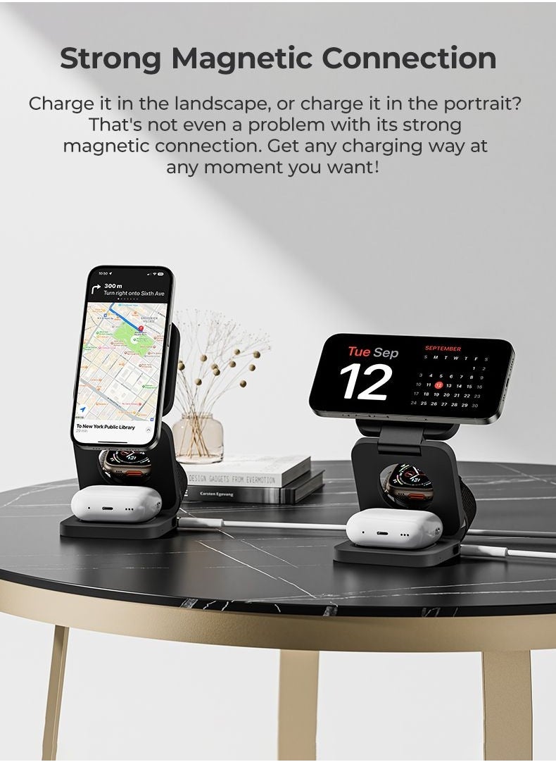 Benks 3-in-1 Foldable Magnetic Wireless Charger Station, 15W All-in-One Fast Charging, for iPhone, Apple Watch, AirPods Magsafe Charger with Variable angle, Compact for Travel (White, W13)
