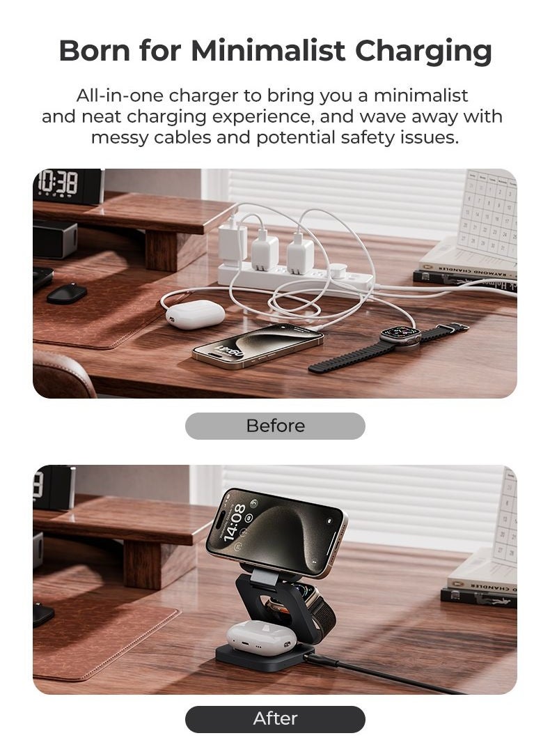 Benks 3-in-1 Foldable Magnetic Wireless Charger Station, 15W All-in-One Fast Charging, for iPhone, Apple Watch, AirPods Magsafe Charger with Variable angle, Compact for Travel (White, W13)