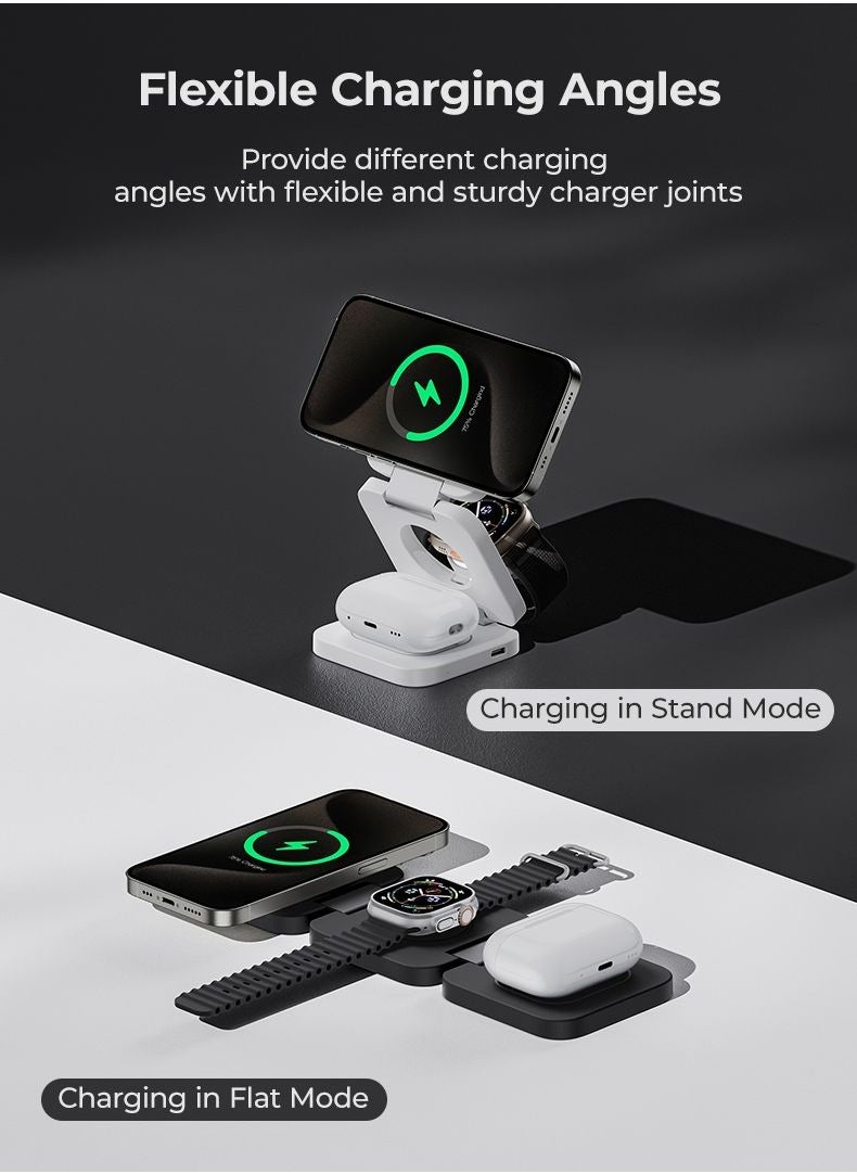 Benks 3-in-1 Foldable Magnetic Wireless Charger Station, 15W All-in-One Fast Charging, for iPhone, Apple Watch, AirPods Magsafe Charger with Variable angle, Compact for Travel (White, W13)