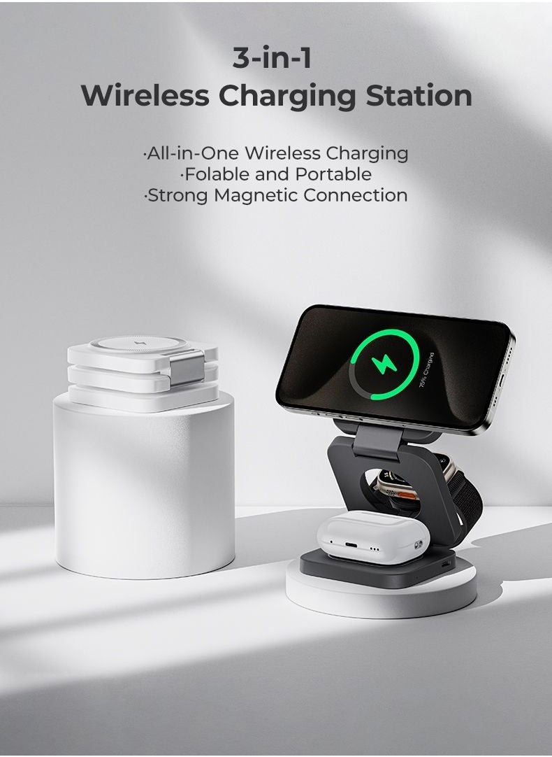 Benks 3-in-1 Foldable Magnetic Wireless Charger Station, 15W All-in-One Fast Charging, for iPhone, Apple Watch, AirPods Magsafe Charger with Variable angle, Compact for Travel (White, W13)