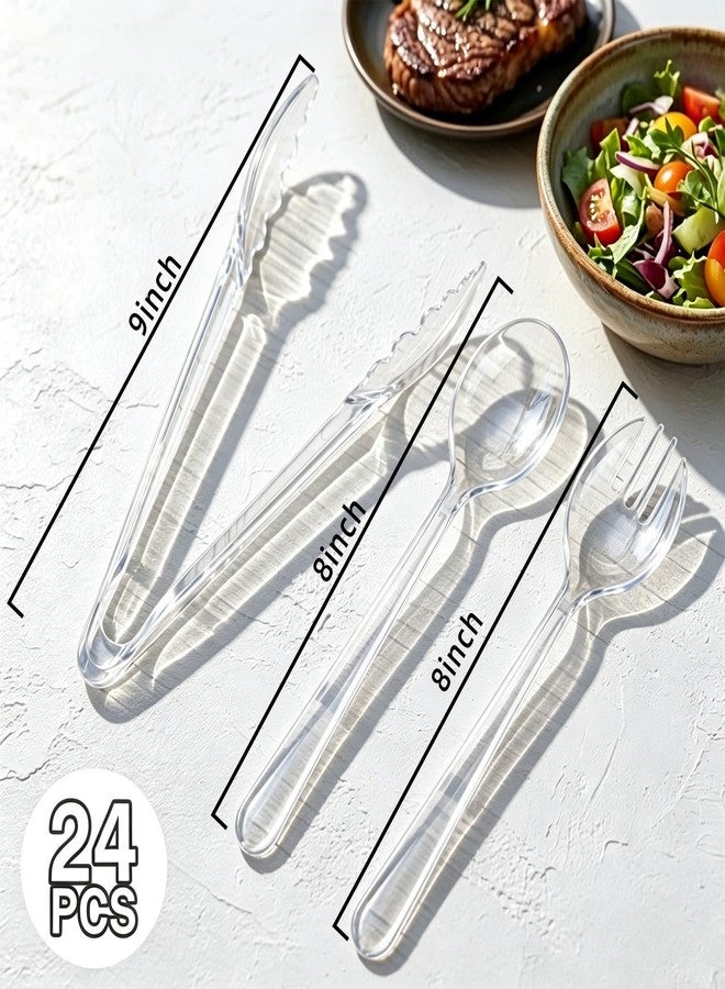 LOOWVY 24 Pcs Transparent Plastic Serving Utensils Set - Heavy Duty Disposable Serving Spoons, Forks & Tongs (8 of Each) - BPA-Free Catering Supplies for Buffets, Parties, Weddings & Events (9 Inch) - Image 2